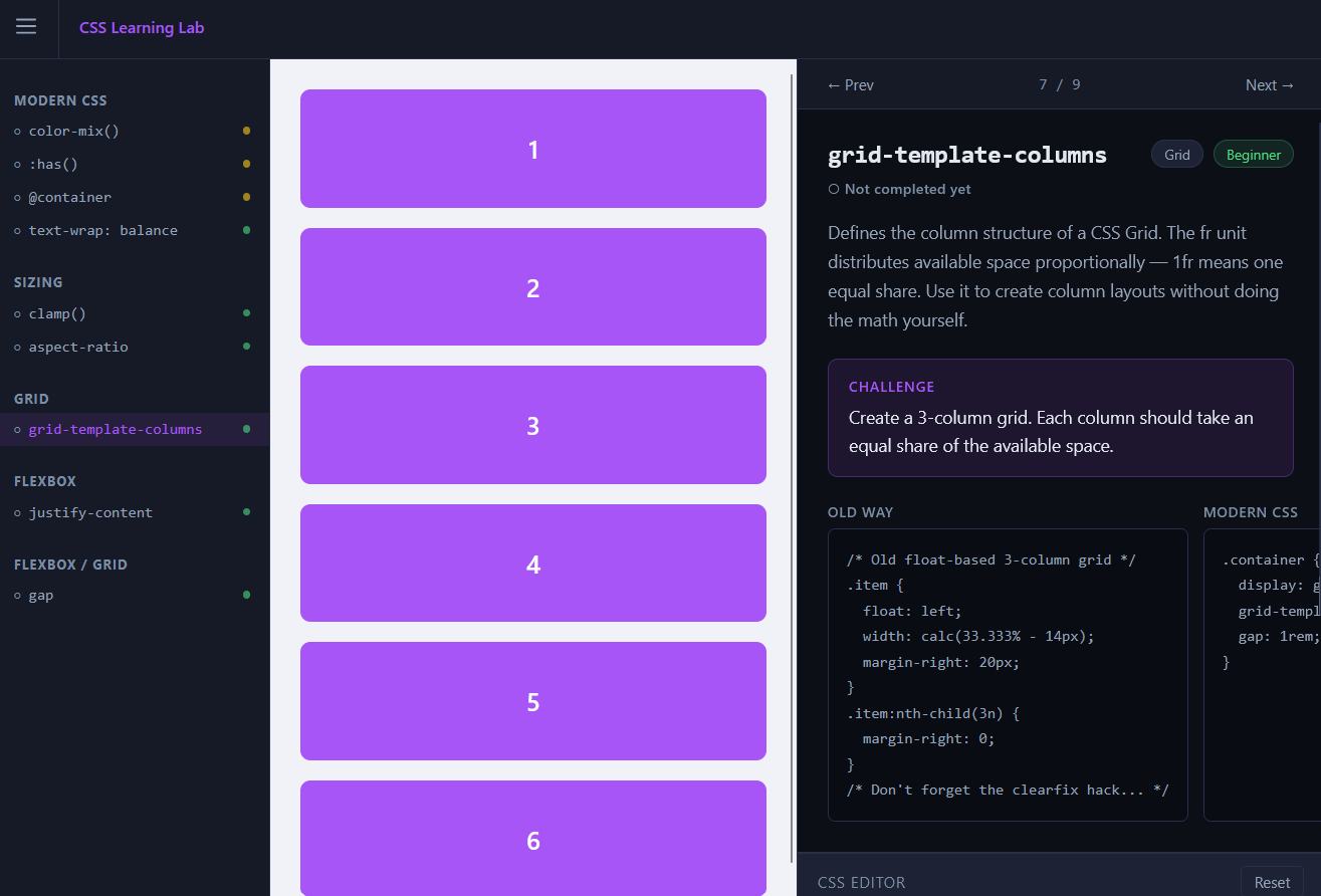 screenshot of css learning lab app