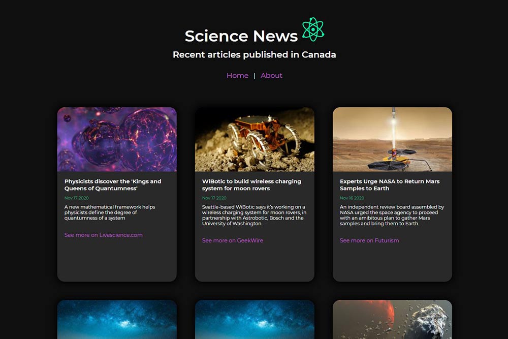 screenshot of science news project